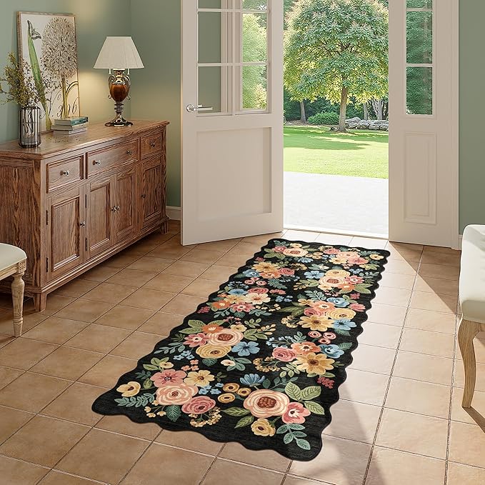 DUKINO 2x5 Washable Runner Rugs, Non Slip Floral Print Entryway Rug with Soft Low Pile, Lightweight Mat for Living Room, Bathroom, Bedroom, Kitchen, Black