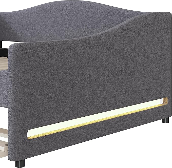 Merax Full Size Upholstered Daybed with Light and Trundle, Gray Teddy Fleece Sofa Bed Modern Wooden Platform Bed Frame for Bedroom, Living Room, Guest Room, Apartment