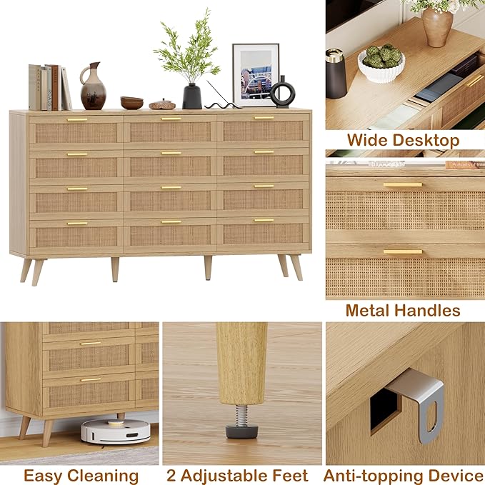 Rovaurx 12 Drawer Double Dresser for Bedroom, Rattan Chest of Dressers, Modern Wooden Dresser Chest with Golden Handles, Beside Table for Closet, Living Room and Entryway, Natural