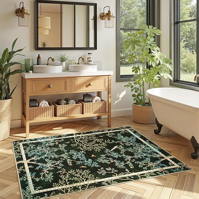 jinchan Yarden Botanical Birds 3x5 Moss Green Christmas Area Rugs for Entryway - Washable Non-Slip Soft Nature Plants Modern Kids Room Carpet,Vintage Low Pile Rug for Living Room Bathroom Front Door