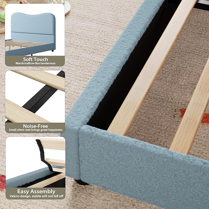 Senfot Blue Boucle Bed Frame with Upholstered Headboard, Soft Low Profile Sturdy Platform Bed with Rounded Corners Design, Heavy Duty, Wooden Slats, Noise Free, No Box Spring Needed, Full Size