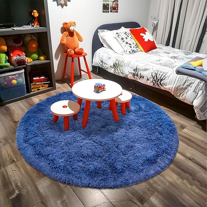 Round Fluffy Circle Rug - 6FT Navy Blue Super Soft Shaggy Plush Furry Carpet for Kids & Teens Room