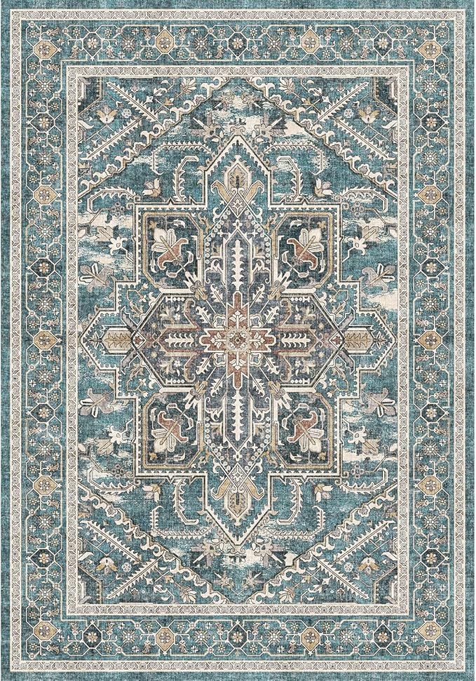 WITSHOCK Living Room Area Rugs 6x9: Washable Rug Boho Soft Non-Slip Low Pile Stain Resistant Foldable Carpet for Bedroom Playroom Dining Room Office Kitchen Farmhouse Home Decor Rug-Dull Teal