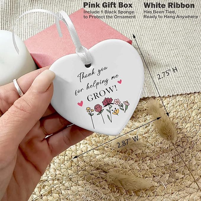 Heart Shaped Christmas Ornament-Teacher Appreciation Gift-Thank You Present for Teachers Mentor Educator-Teachers Week End of School Decor Keepsake-Ceramic Ornament Display for Classroom Gratitude
