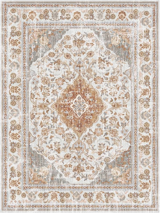 Vhong Boho Area Rugs Washable Vintage Modern Neutral Small Carpet Brown and Grey 4×6 High Traffic Rugs for Dinning Room Living Room Bedroom Non Slip