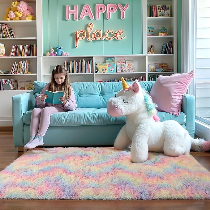 6x9 Rainbow Shaggy Kids Unicorn Rug for Girls Bedroom, Fluffy Fuzzy Soft Plush Pastel Large Area Rugs for Living Room,Washable Non Slip Nursery Boys Dorm Room Carpets