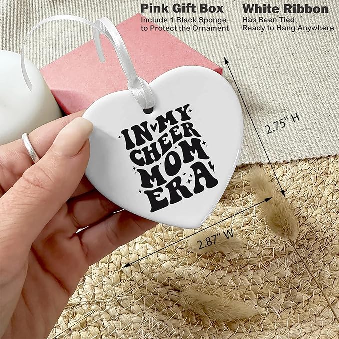 Heart Shaped Ornament-Cheer Mom Gift-Stage Mom Cheerleading Present for Women-Motivational Keepsake Birthday or Christmas Home Decor-Ceramic Ornament with Inspirational Quote in My Cheer Mother Era