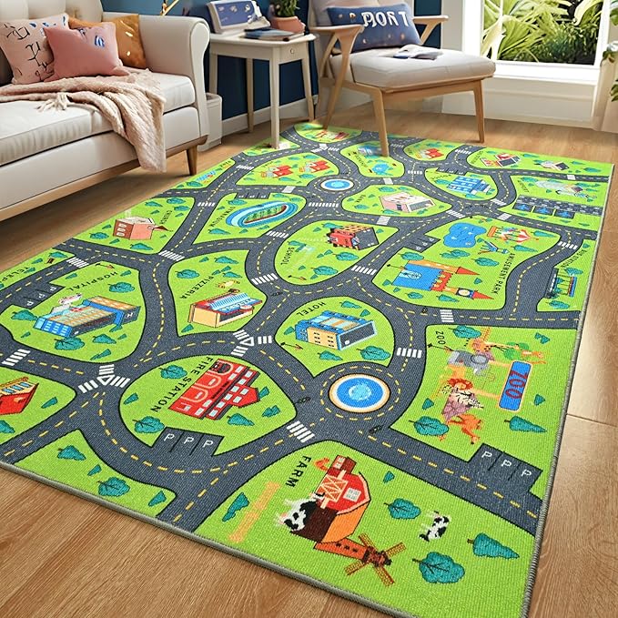 Merelax 5x8 Kids Car Area Rug, Green Grey Area Road Rugs for Living Room Playroom Classroom Bedroom, Non Slip Kids Play mat, Washable Rug, Educational City Traffic Map Fun Car Carpet for Ages 3-12
