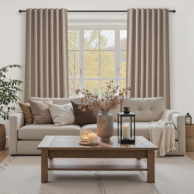 Dark Flax Black Out 92 Inch Long Boho Curtains 2 Panel Set, Farmhouse Curtain for Living Room Darkening/Thermal/Noise Reduction Textured Linen Drape Hook&Ring Included Chocolate 50" Wx92 L