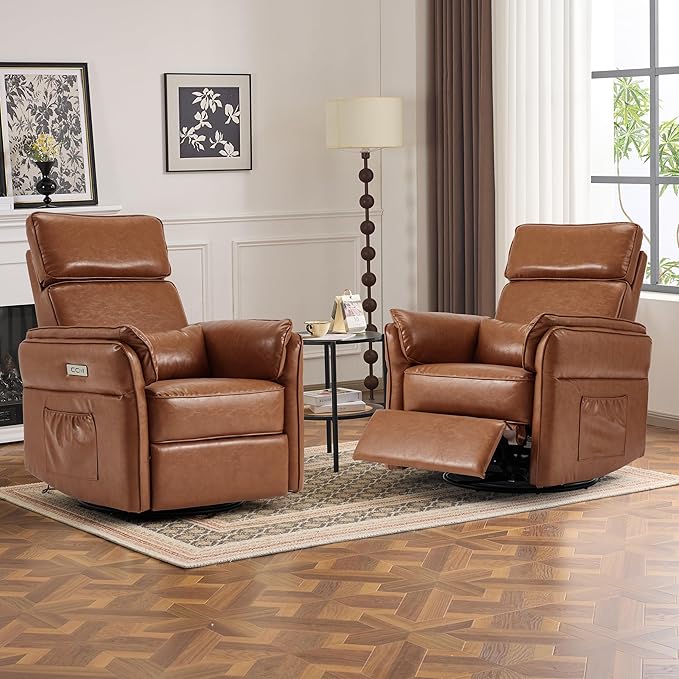 Power Recliner Rocking Chair Nursery Gliders with Adjustable Armrests and Headrest, Swivel Electric Glider Reclining Nursing Chair with USB Port and Storage Bags, FSC Certified(Leather, Brown)