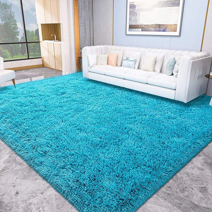 Merelax Soft Modern Indoor Large Shaggy Rug for Livingroom Bedroom Dorm Kids Room Home Decorative, Non-Slip Plush Fluffy Furry Fur Area Rugs Comfy Nursery Accent Floor Carpet 8x10 Feet, Teal