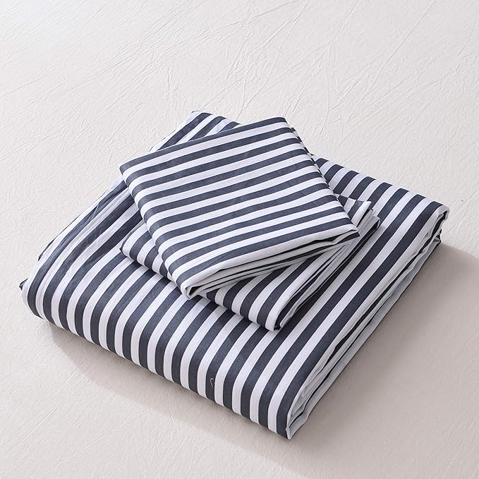 JELLYMONI 100% Natural Cotton 3pcs Striped Duvet Cover Sets,White Duvet Cover with Navy Blue Stripes Pattern Printed Comforter Cover,with Zipper Closure & Corner Ties(Full Size)