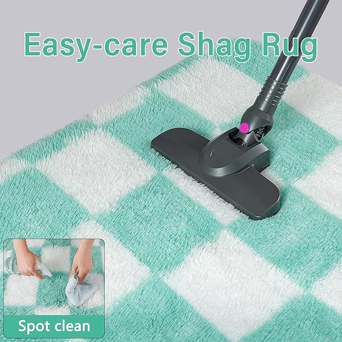 Checkered Rug 6x9 for Living Room, Green and White Modern Shag Rug Washable Non-Slip Large Area Rug Super Soft Indoor Fuzzy Carpet Fluffy Rugs for Bedroom Home Aesthetic Decor