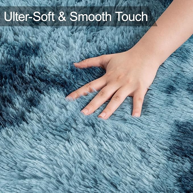 Modern Plush Shaggy 8x10 Large Rug for Living Room Tie Dyed Blue Fluffy Fuzzy Area Rug for Bedroom Aesthetic Big Shag Carpet for Nursery, Playroom, Kids Boys Girls Room