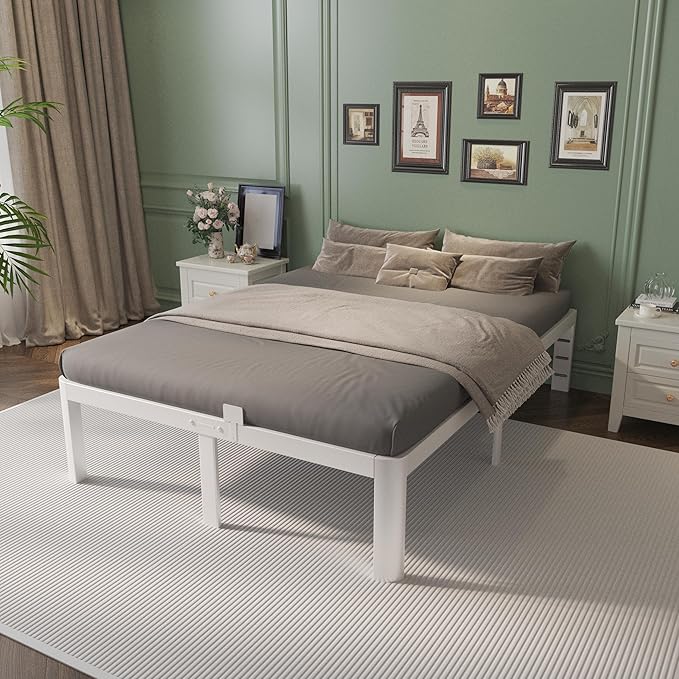 King Size Bed Frame 16 Inch White, Metal King Bed Frame with Baffles, No Box Spring Needed, Heavy Duty Steel Platform Support, Round Corner Design, Reserved Holes, Noiseless, Storage Space
