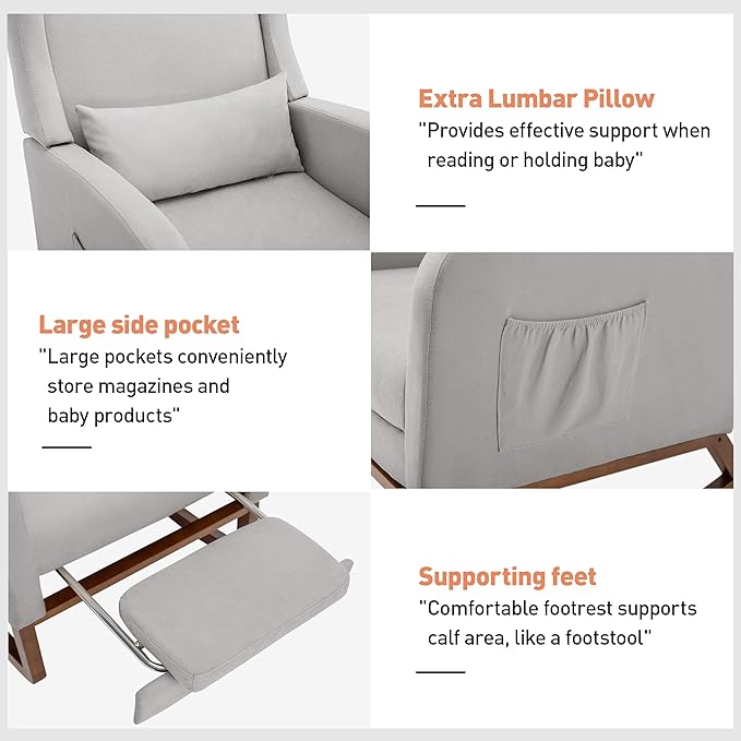 Rocking Chair Nursery Glider Chair with Foot Rest, Nursery Rocking Chairs with Rubber Wood Legs Side Pocket, High Back Nursing Chair, Accent Rocker Arm Chair Baby Bedroom, Living Room, Grey