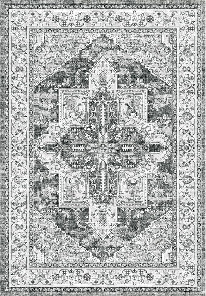 WITSHOCK Living Room Area Rugs 6x9: Washable Rug Boho Soft Non-Slip Low Pile Stain Resistant Foldable Carpet for Bedroom Playroom Dining Room Office Kitchen Farmhouse Home Decor Rug-Gray