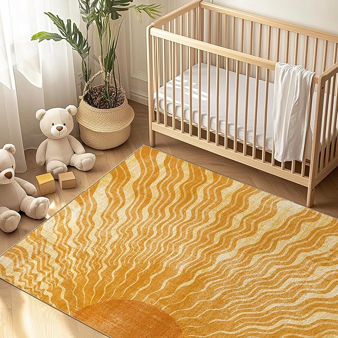 Washable 9x12 Sun Area Rug for Living Room, Retro Brown Sun Modern Boho Large Area Rugs, Ultra Thin Low Pile Lightweight Indoor Carpet Mat with Non-Slip Backing for Bedroom Kids Nursery Play Room