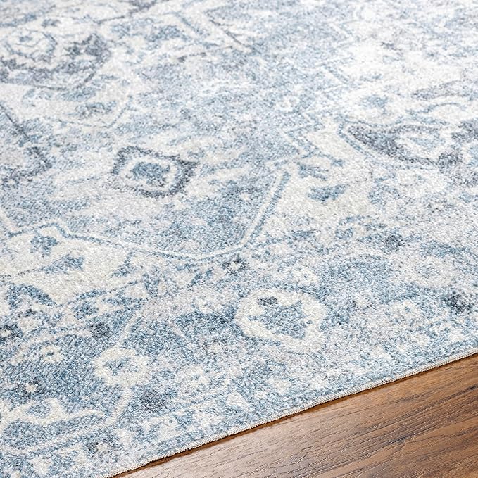 Mark&Day Washable Rugs, 7ft Round Moya Traditional Denim Blue Area Rug, Blue Ivory Black Carpet for Living Room, Bedroom or Kitchen (6'7" Round, Machine Washable)