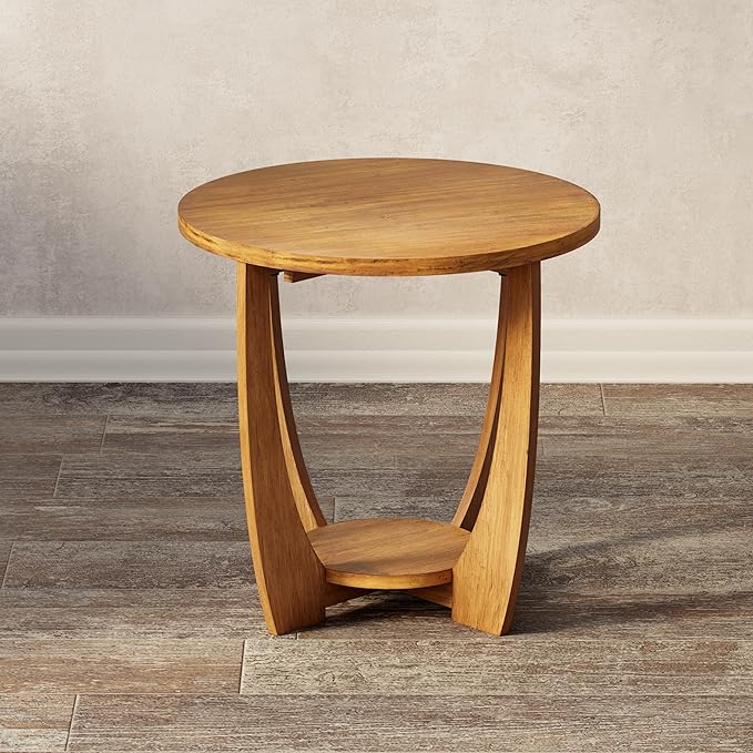 COZAYH Rustic Farmhouse End Table with Storage Shelf, French Country Accent Side for Family, Dinning or Living Room, Small Spaces, Modern, Round, Vintage Caramel Brown Finish