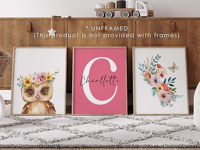 Personalized Flower Woodland Animals for Baby Girl Nursery Bedroom Unframed Poster Prints, Customized Name Cute Animals Wall Art Decor New Baby Girl Gift Present Bear Deer Bunny (17x22, 3 Prints)