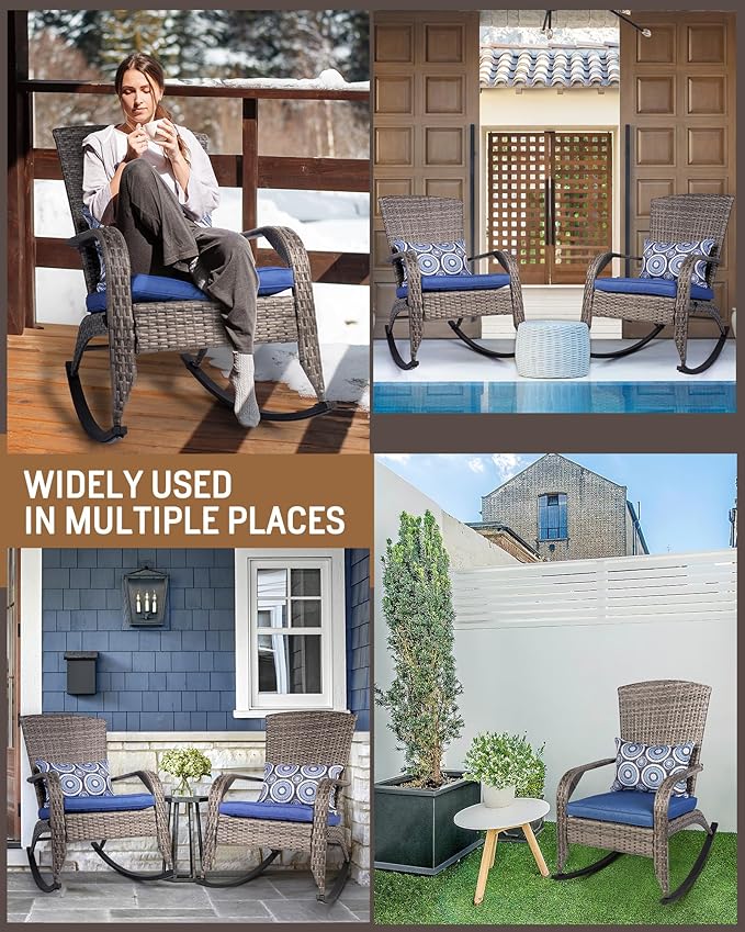 Outdoor Rocking Chair Set of 2, Rattan Patio Rocker Chairs with Cushions and Steel Frame, All-Weather Outdoor Rocker Chair with 2 Cushion Covers, Wicker Rocking Chairs Set of 2