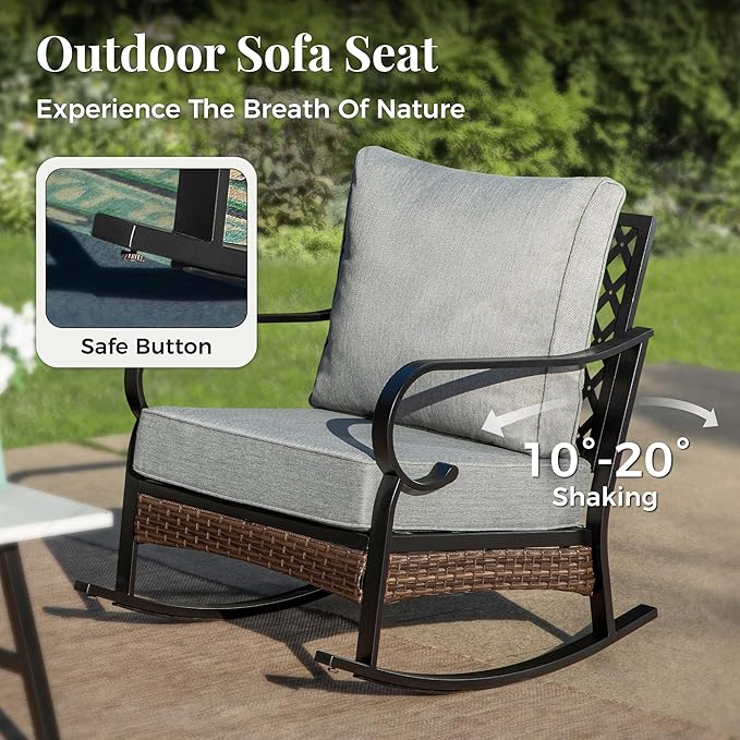 Patio Rocking Chairs Set of 2, Outdoor Sofa Chairs with Deep Seating and 5.75" Cushions, Steel Black Frame Porch Furniture for Lawn Backyard Deck, Grey