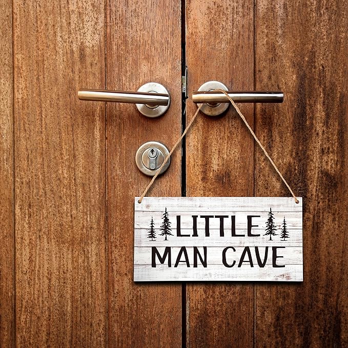 Qinkel 5"x10" Little Man Cave Wood Sign, Nursery Decor For Boys, Natural Baby Room Wall Decor, Woodland Playroom Decor, Gift for Baby Shower, Toddler Kids Bedroom Living Room Hanging Sign -A05