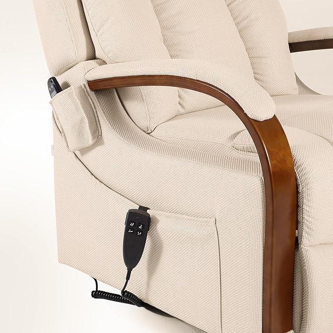 DYNOX Small Lift Chair Recliner with Heat and Massage, Dual Motor Power Lift Sofa for Elderly,Infinite Adjust for Back and Footrest,Side Pocket(9185,Beige,Linen Fabric