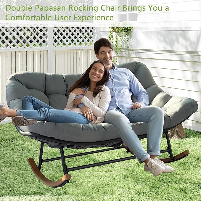 Double Papasan Rocking Chair for Outdoor & Indoor, 660LBS Capacity Oversized Patio Rocking Chair for 2-Person with Cushion and Frame,Comfortable Rocker for Garden, Deck, Living Room,Grey