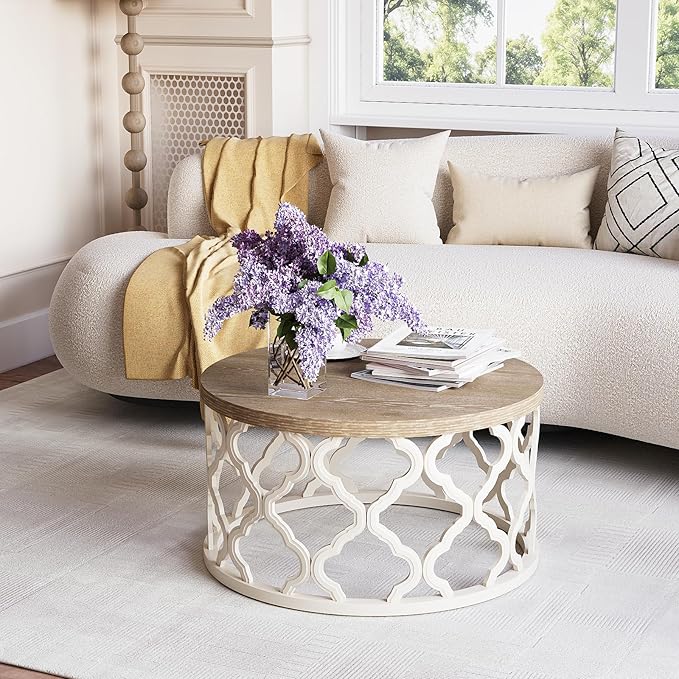 karlott Farmhouse Coffee Table, French Country Round Coffee Table, Coastal Coffee Table with Distressed Top, Boho Coffee Table with Curved Motif Frame Base for Living Room, Dining Room, Bedroom