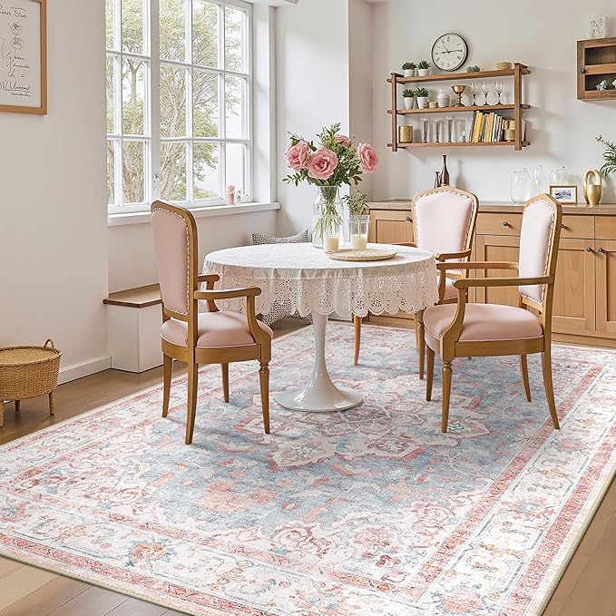 Machine Washable Rugs Nursery Rug 8x10 Cute Girl Non Slip Low Pile Water Repellent Soft Print Pattern for Bedroom Indoor Decor Kids Playroom Pinkblue