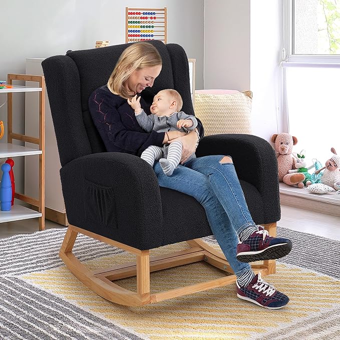 Rocking Chair Nursery, Nursing Rocking Chairs for Mom Nursery, Comfy Wingback Glider Rocking Armchair with Foot Rest and Side Pocket for Nursery Living Room Bedroom, Teddy Black