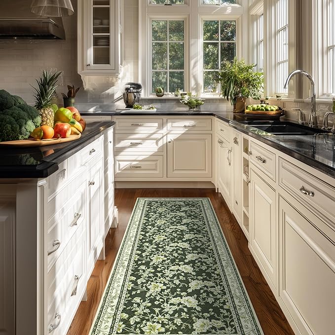 Olive Green Floral Print Area Rugs for Bedroom Living Room Boho Farmhouse Country Rustic Dining Room Carpet Soft Washable Rugs Non Slip Floor Covering for Nursery Playroom 2x6