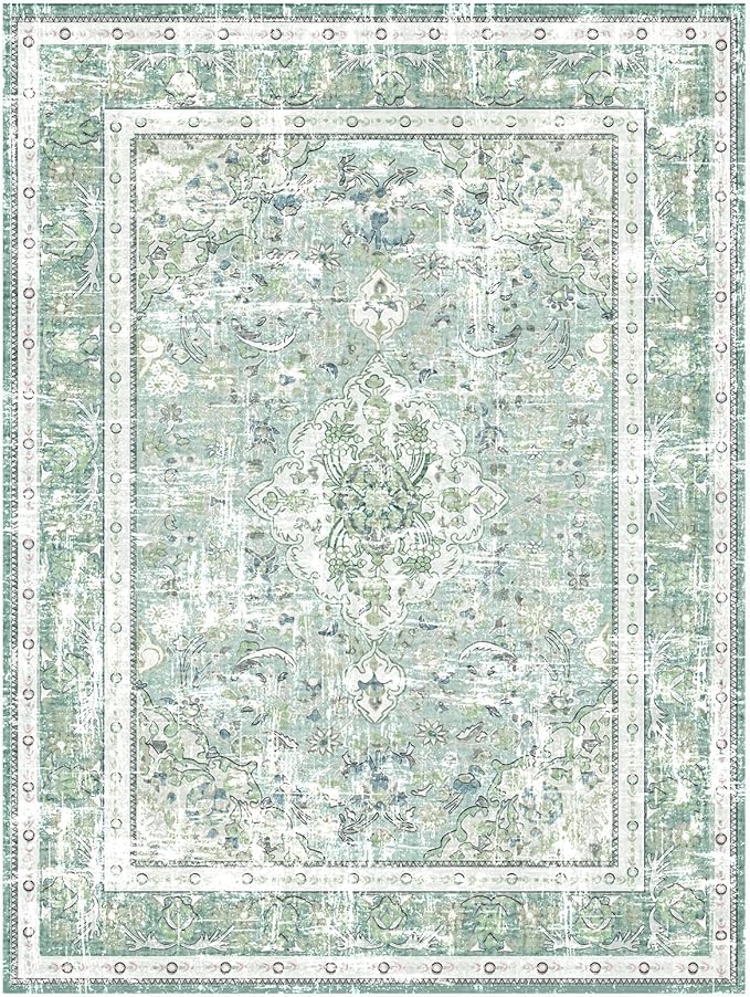 Vhong Boho Area Rugs Vintage Washable Modern Neutral Large Carpet Sage Green 4×6 High Traffic Rugs for Dinning Room Living Room Bedroom Farmhouse Non Slip