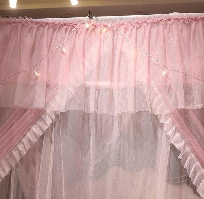 VETHIN 4 Corners Post Ruffle Princess Bed Canopy Curtain-Double Layer Cozy Drape Netting 4 Opening Mosquito Net for Girls Adults Bedroom Decoration (Pink/Whtie,59" W*82" L*82"*H/Queen)