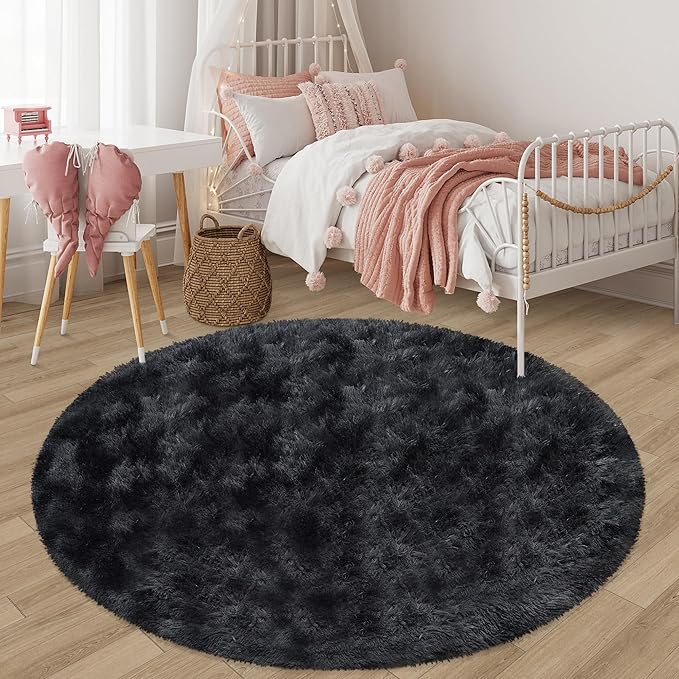 6 ft Round Fluffy Large Black Rug for bedroom,Tie Dyed Furry Round Carpet Non Slip Fuzzy Shaggy Plush Circle Big Area Rug for living room Room Nursery Room Playroom Kids Room Home Decor Washable