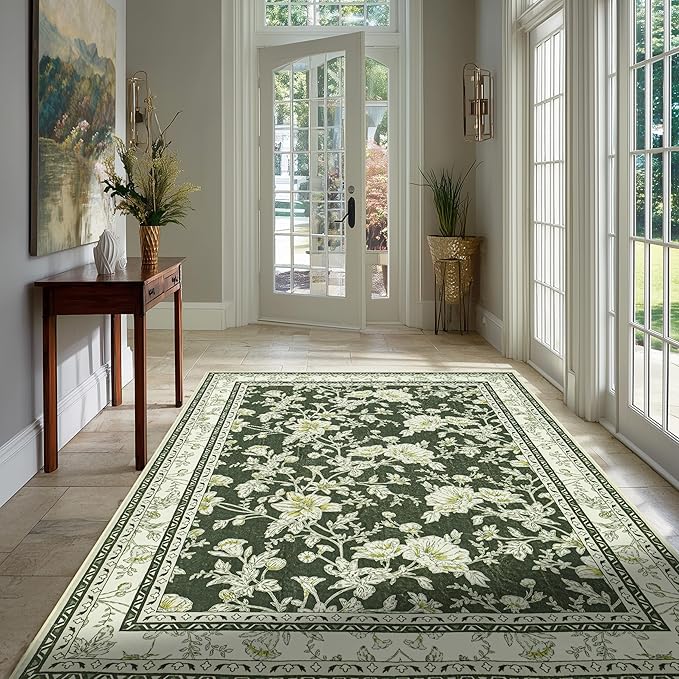 Olive Green Floral Print Area Rugs for Bedroom Living Room Boho Farmhouse Country Rustic Dining Room Carpet Soft Washable Rugs Non Slip Floor Covering for Nursery Playroom 4x6