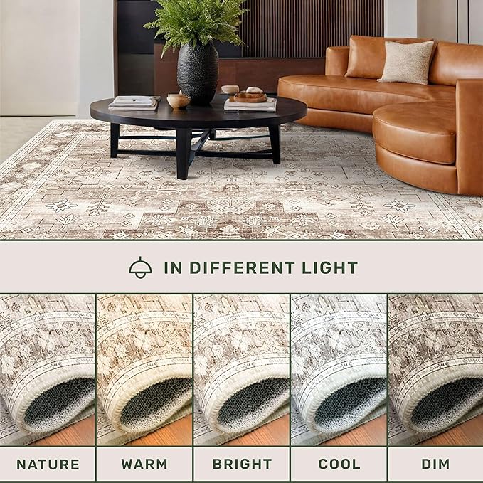 Washable Neutral Farmhouse Bedroom Rug, 5x7 Area Rugs for Living Room, Nursery Room, Boho Vintage Floral Non-Slip Rug Low Pile Stain Resistant (5x7 Beige/Latte)