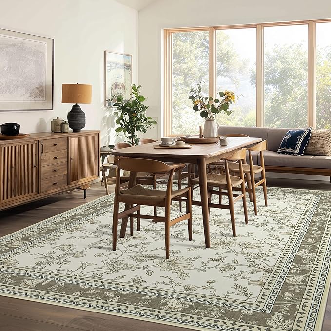 Neutral Beige Floral Area Rugs 6x9 Living Room, Taupe with Beige Tan Flower Design Low-Pile Washable Rugs for Bedroom Dining Room, Vintage Modern Farmhouse Boho Indoor Floor Carpet Kids Playroom