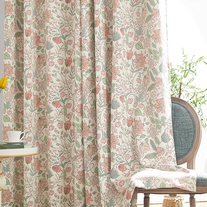 jinchan Nursery Curtains 95% Blackout Pink 63 Inch Long Floral Curtains for Girls Room, Farmhouse Drapes for Living Room Bedroom Darkening Window Treatment Grommet Top Set of 2 Panels