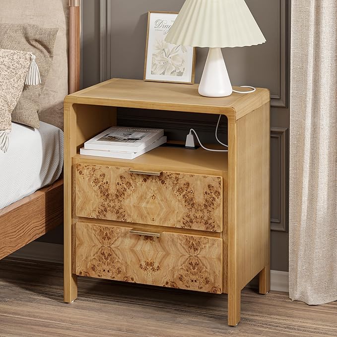 LONYKE Burl Finish Nightstand with Charging Station, Side Table with Power Outlet and USB & Type C Ports, Wood Bedside Table for Bedroom, Fully Assembled, Rustic, Natural, Farmhouse