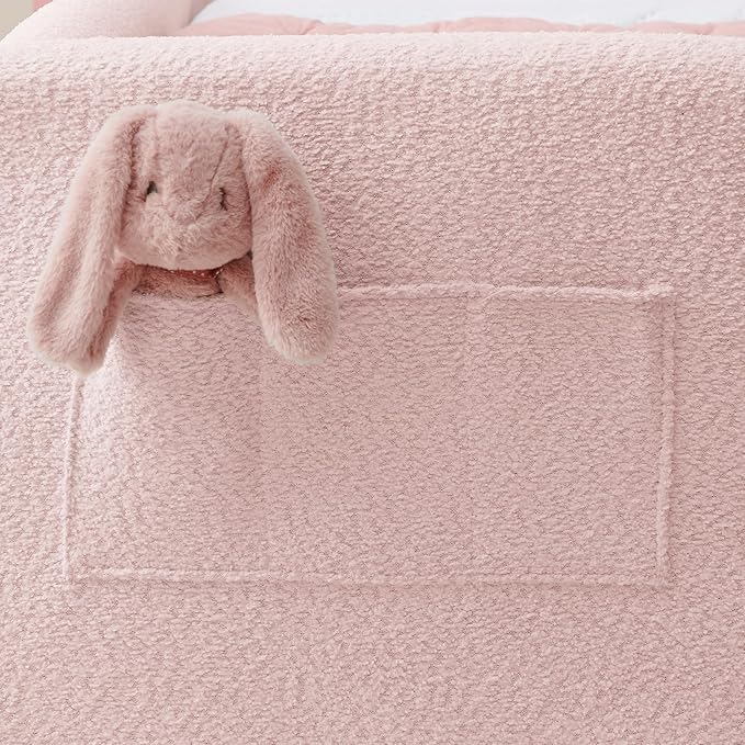 Twin Size Upholstered Platform Bed with Safety Guardrail and Cute Rabbit Ear Shaped Headboard, Boucle Fabric Montessori Kids Bed with Pocket and Sturdy Slats Support (Pink-7.24)