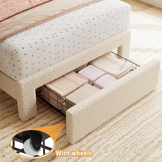 GarveeHome 2 Sets Twin Bed Frame with Under-Bed Drawer, Upholstered Platform Bed with Wave Headboard for Kids/Girls, Wooden Slats Support, No Box Spring Needed, Boucle Beige