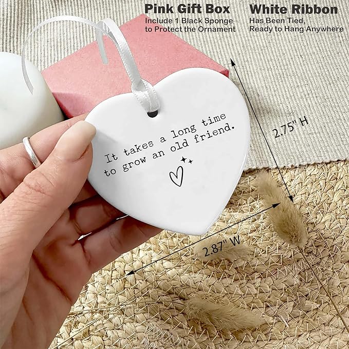 Heart Shaped Christmas Ornament-Friendship Gift for Best Friend BFF Soul Sister-Thank You Birthday Present Old Friend Keepsake-It Takes a Long Time to Grow an Old Friend-Ceramic Decor
