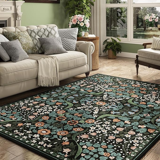 8x10 Green Floral Washable Area Rug for Living Room, Non-Slip Soft Vintage Boho Carpet, Botanical Forest Green Low Pile Rugs for Bedroom, Dinning Room, Dorm, Nursery, Black and Green
