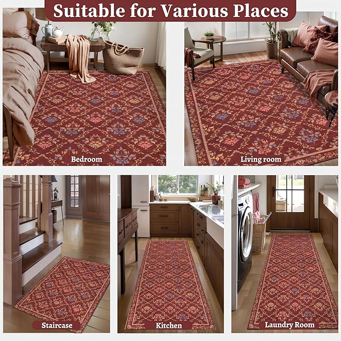 Tangsoo 5x7 Washable Area Rug, Non Slip Moroccan Trellis Red Floral Indoor Rug, Soft Low Pile Floor Carpet for Living Room, Bedroom, Dining Room, Pet & Child Friendly Room Decor, Easy to Clean