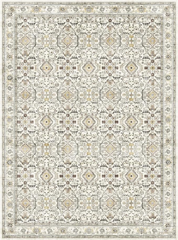 WITSHOCK Living Room Area Rugs 9x12: Washable Rug Boho Soft Non-Slip Low Pile Stain Resistant Foldable Carpet for Bedroom Playroom Dining Room Office Kitchen Farmhouse Home Decor Rug-Cream Color