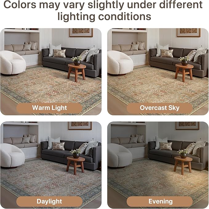 GENIMO Vintage Area Rug 6x9, Boho Living Room Rug with Non-Slip Backing, Machine Washable Low Pile Indoor Carpet for Bedroom, Dining Room, Nursery Room, Brown