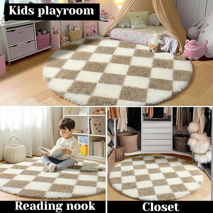 KICMOR Round Rugs 6ft Beige and Cream White Circle Area Rug, Fluffy Soft Fuzzy Shag Shaggy Bedroom Living Room Carpet, Indoor Checkered Circular Rug for Kids Boys Girls Home Decor Aesthetic, Nursery